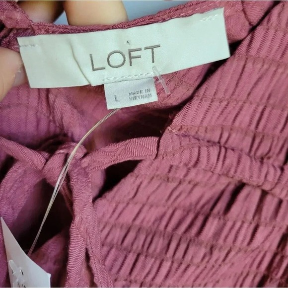 LOFT NEW Mauve Tiered Tie V-Neck V-Back Crinkle Gauze Swing Shirt Top SZ Large - Picture 7 of 13